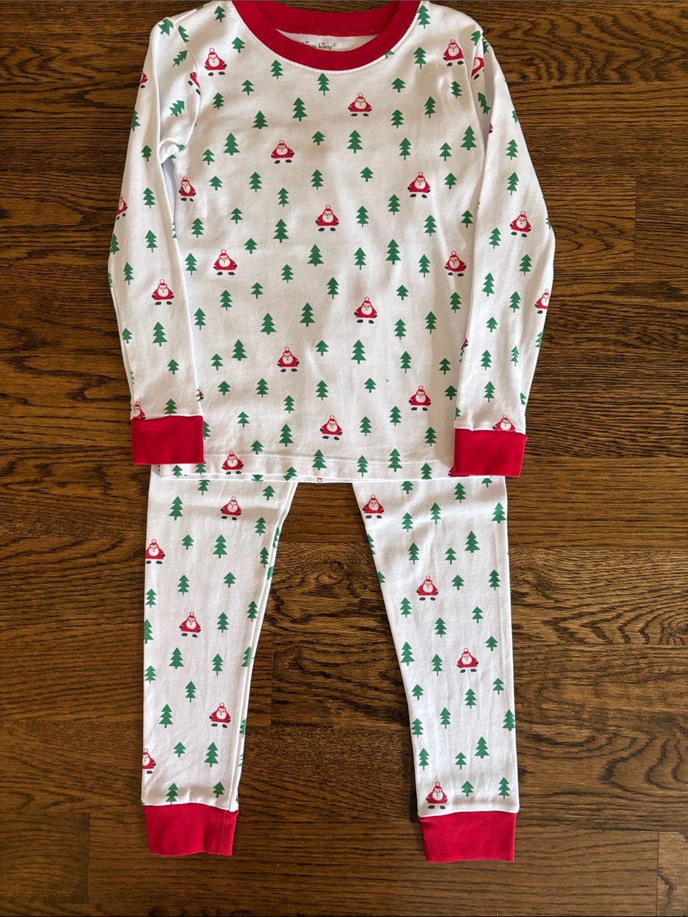 Kissy Kissy White Pajama Set with Red Trim and Green Tree Print